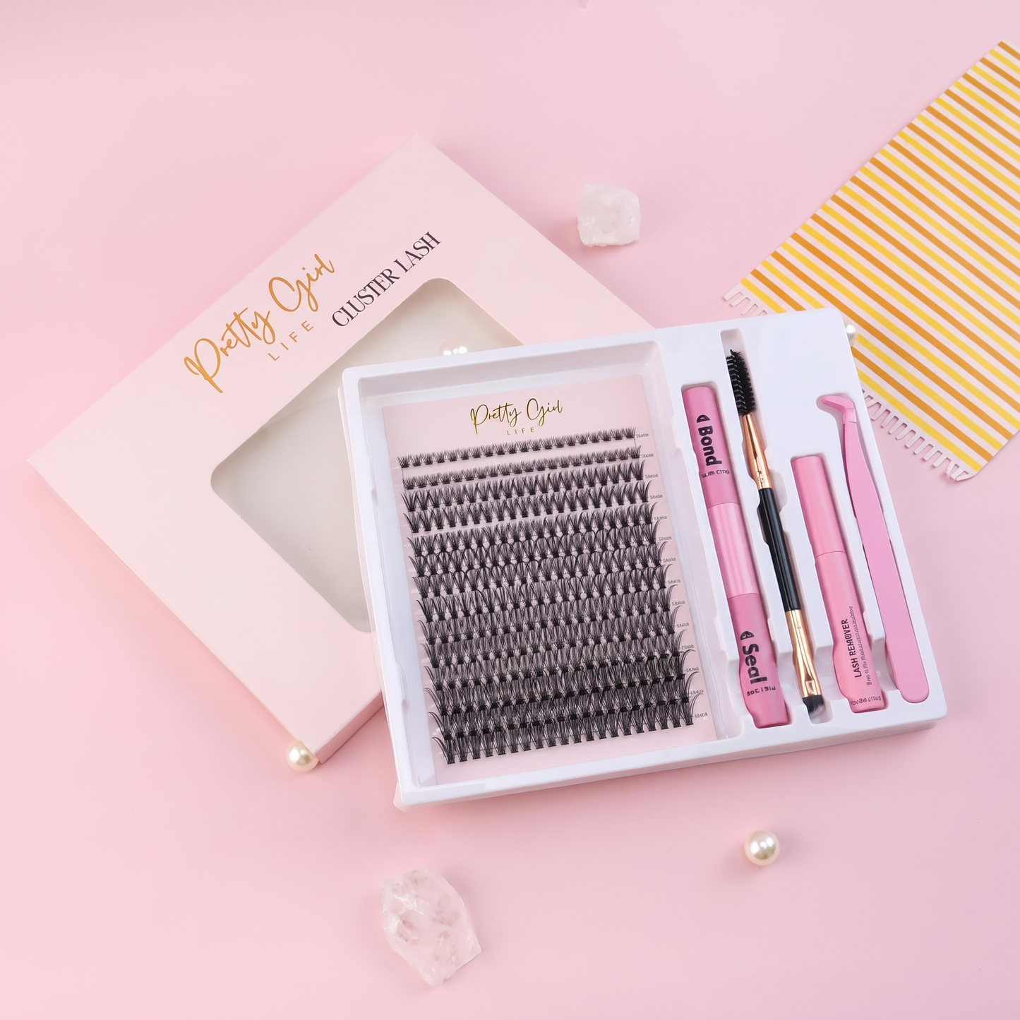 DIY Wispy Lash Clusters D Curl Eyelash Extensions with Bond, Seal, and Tweezers