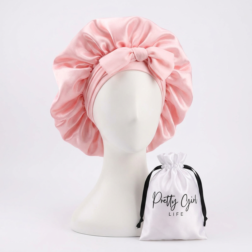 Pink Satin Bonnet with Travel Bag