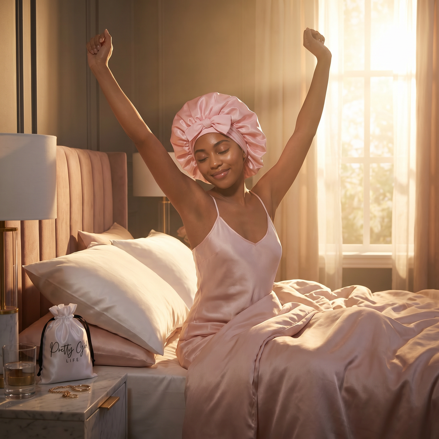 Pink Satin Bonnet with Travel Bag