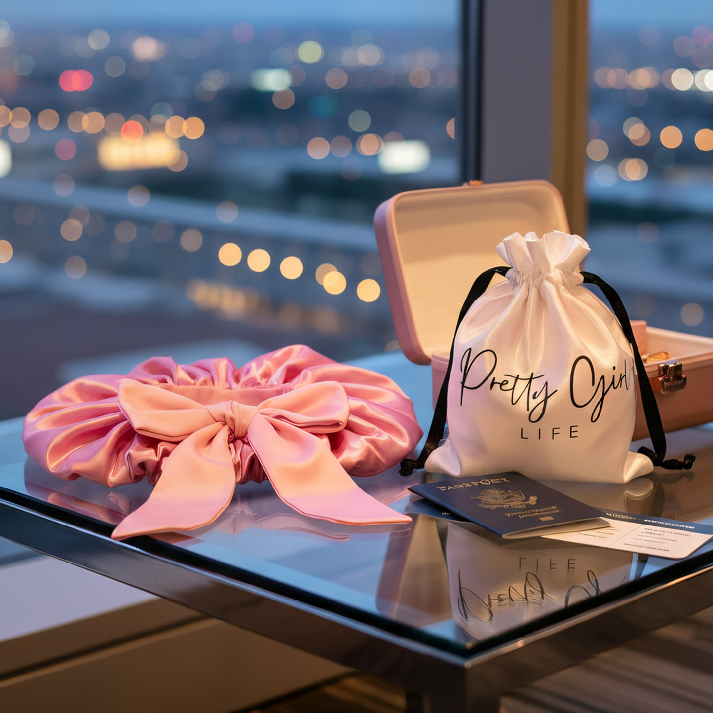 Pink Satin Bonnet with Travel Bag